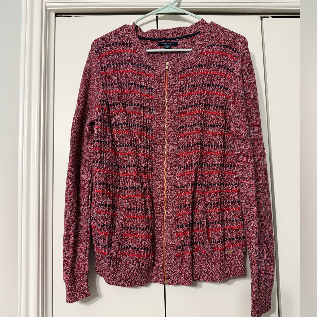 Tommy Hilfiger Red White And Blue Knit Zipper Cardigan Sweater Size Xl